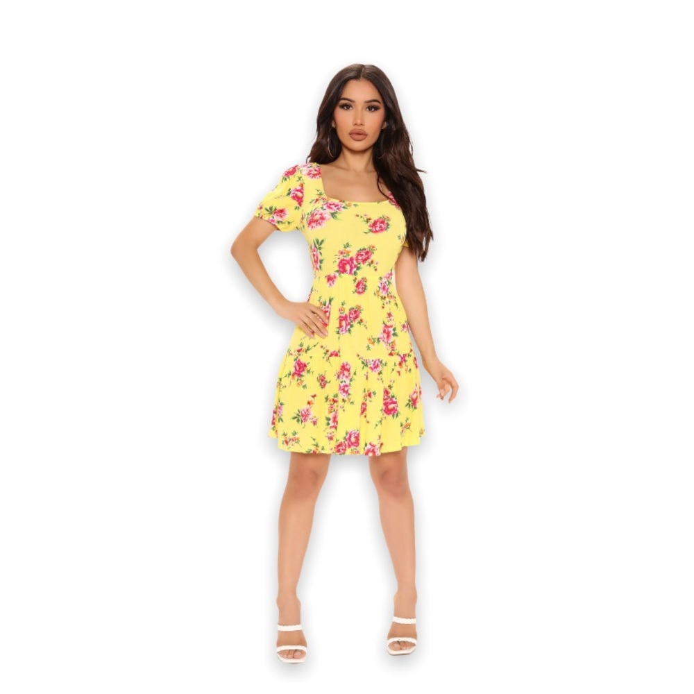 Beautiful Lightweight Breanna Puff Sleeve Yellow Bohemian Floral Mini Dress - Picture 4 of 13